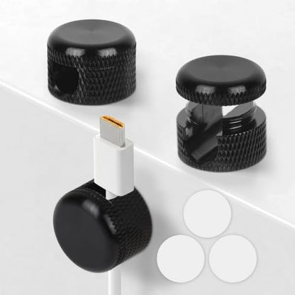 Black Aluminum Cable Clips for Desk 3 Pack, Upgraded Adhesive | Cord Holder for Nightstand, Screw-top Phone Cord Holder, USB Wire Cable Management Clips to Keep Cables Tidy