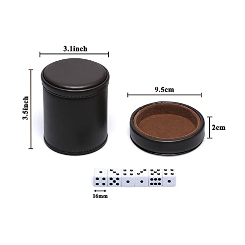 PU Leather Dice Cup with Lid, Dark Chocolate Leatherette and Dark Brown Felt-Lined Quiet Dice Shaker Cup, Including 6 Black Dot Dice for Liars Dice/ Farkle/ Yahtzee Games, 1 Pack - color: Chocolate