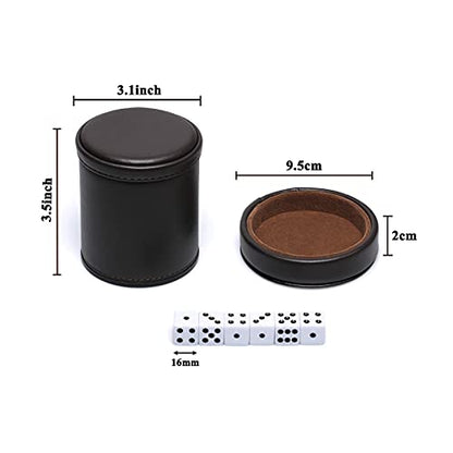 PU Leather Dice Cup with Lid, Dark Chocolate Leatherette and Dark Brown Felt-Lined Quiet Dice Shaker Cup, Including 6 Black Dot Dice for Liars Dice/ Farkle/ Yahtzee Games, 1 Pack - color: Chocolate