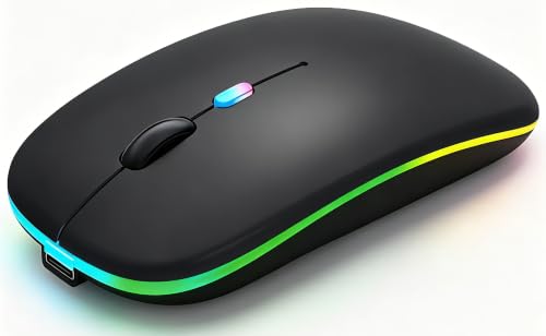 WREANU Wireless Bluetooth Mouse Rechargeable Laptop Mice with LED Lights Silent Slim Use(BT5.2 and 2.4G Portable USB) Dual Mode Computer Mouse for Laptop/iPad/Tablet/Apple/Computer/Mac (Black) - color: Black