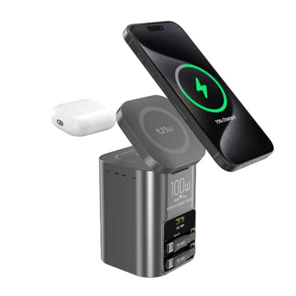 100W Multi-Function Desktop Charging Station, Wireless Charger with Dual 75cm Retractable USB-C Cables, USB-A QC3.0, Fast Charging for Laptops, Phones, Earbuds（I161C）