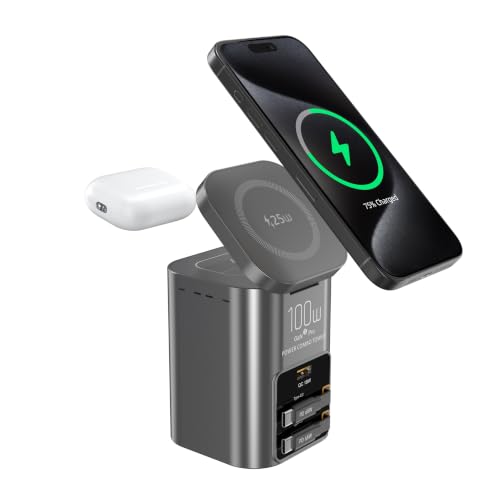 100W Multi-Function Desktop Charging Station, Wireless Charger with Dual 75cm Retractable USB-C Cables, USB-A QC3.0, Fast Charging for Laptops, Phones, Earbuds（I161C）
