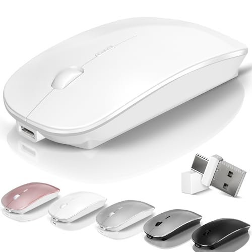 Wireless Bluetooth Mouse for Laptop MacBook Mac Air Pro PC Pad with Jiggler | Wireless Optical Rechargeable Silent Computer Mouse Dual Mode Switch Bluetooth 5.2/3.0 & 2.4G USB-A Type-C Receiver White - color: 5.Bluetooth Wireless Mouse (White)