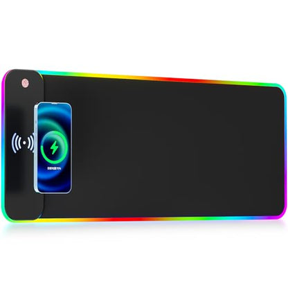Wireless Charging RGB Gaming Mouse Pad 10W, 10 Light Modes Extra Large Mousepad,LED Mouse Mat 800x300x4MM, Non-Slip Rubber Base Computer Keyboard Mat for Gaming, PC, Laptop, MacBook,Desk.