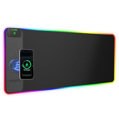 Wireless Charging Mouse Pad Gaming, 31.5"x11.8" Large Desk Mat, Waterproof | RGB Mousepad, Smooth Glide, Stitched Edge, Non-Slip Rubber Base, Desk Pad Computer Keyboard Mat, No Adapter - color: RGB-31.5"x11.8"