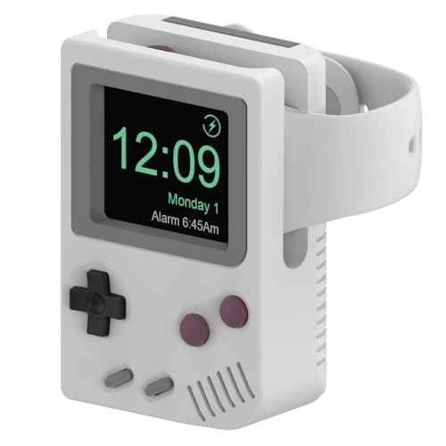 iWatch Stand Compatible for SE, Series 10/9/8/7/6/5/4/3/2/1 (49mm, 46mm, 45mm, 44mm,42mm) Silicone Charging Dock Holder, Supports Nightstand Mode, Game Console Design (Retro White) - color: Retro White