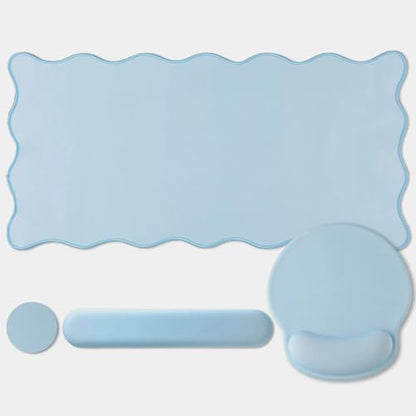 Sabary Scalloped Desk Mat Keyboard Mouse Pad Set 31.5 x 15.7 Inch Blue Table Mat Keyboard Wrist Rest Cute Preppy Mouse Pad with Wrist Rest Coaster Ergonomic Non-Slip Waterproof Gaming Desk School - color: Blue, size: 31.5 x 15.7 Inch