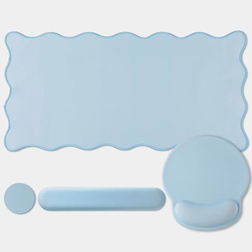 Sabary Scalloped Desk Mat Keyboard Mouse Pad Set 31.5 x 15.7 Inch Blue Table Mat Keyboard Wrist Rest Cute Preppy Mouse Pad with Wrist Rest Coaster Ergonomic Non-Slip Waterproof Gaming Desk School - color: Blue, size: 31.5 x 15.7 Inch