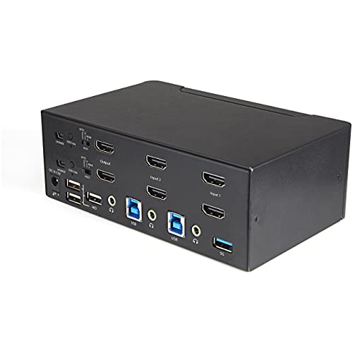 StarTech 2-Port Dual HDMI KVM, 4K 60Hz UHD HDR, USB 3.0 Hub, TAA | Fast switching, USB 3.0 5Gbps hub, 4x USB 2.0 HID ports, Hotkey, Two computers two monitors, Analog & 7.1 digital audio