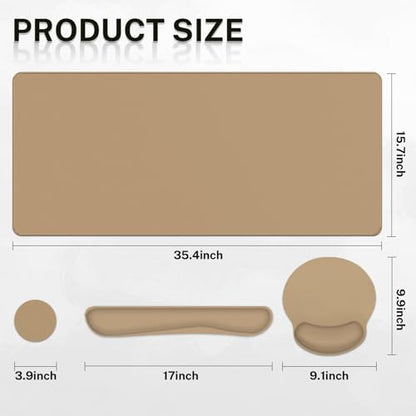 Britimes Brown Keyboard Mouse Pad Set Brown 4 in1 Large Mousepad+Keyboard Wrist Rest+Mouse Wrist Rest+Coaster Ergonomic Design for Home Office Computer 35.4x15.7Inches - color: Brown