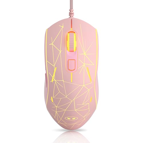 MageGee G6 Wired Gaming Mouse, Ergonomic USB Optical Mouse with 7 Colors Breathing LED Backlit, 6 Adjustable Speed Levels from 600 to 3200 for Laptop PC Computer Games & Work, Pink - color: pink