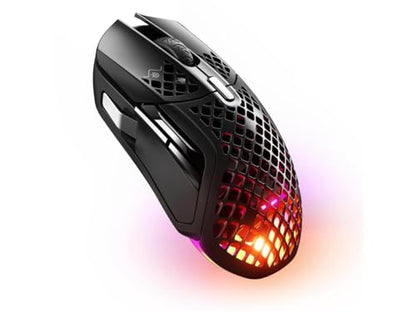 SteelSeries Aerox 5 Wireless - Holey RGB Gaming Mouse - Ultra-lightweight Water Resistant Design - 9 Buttons – Bluetooth/2.4 GHz - 18K DPI TrueMove Air Optical Sensor | 74g lightweight design with 9 programmable buttons and 18000 CPI for precision, durabi