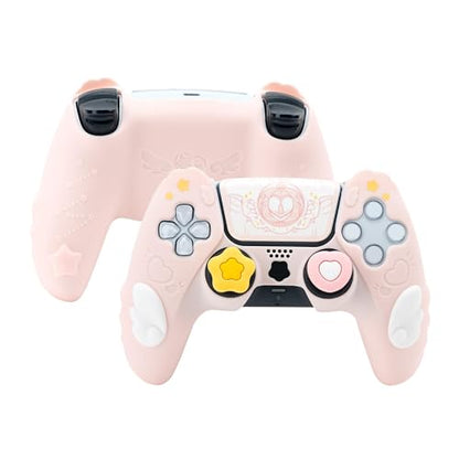 GeekShare PS5 Controller Skin Set,Silicone Protective Cover Skin Case for PS5 Wireless Controller with 2 Thumb Grip Caps and 2 Stickers - Star Wings Series (Pink) - color: Star Wings Pink