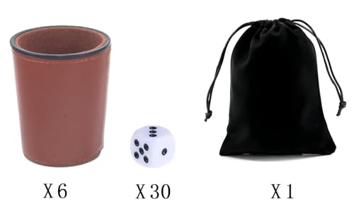 Leather Dice Cup, Quite Felt-Lined Interior, 6 Shaker Cups and 30 Dot Dices, one Carry Bag (Brown) - color: Brown