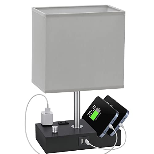 Grey Table Lamp for Bedroom - Stepless Dimmable, USB C+A, 2 AC Outlets | Dimming By Rotary Knob, USB C+A Ports, 2 Phone Stands, LED Bulbs Included, Rectangle Misty Grey Lampshade, for Living Room - color: Misty Grey with Knob Switch, size: 1 Pack