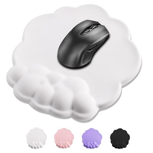 Mouse Pad Wrist Support, Cloud Mousepad with Memory Foam Wrist Rest, Non-Slip PU Base Gaming Leather Surface Mouse Pad for Home Office Laptop, White - color: White