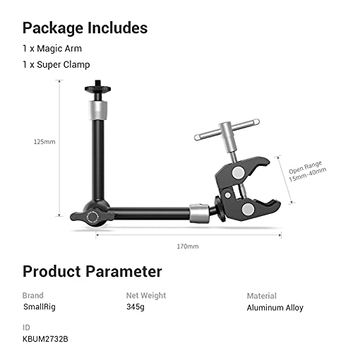 SMALLRIG Clamp w/ 1/4" and 3/8" Thread and 9.8 Inches Adjustable Friction Power Articulating Magic Arm with 1/4" Thread Screw for LCD Monitor/LED Lights - KBUM2732B - size: 9.8''+arm only