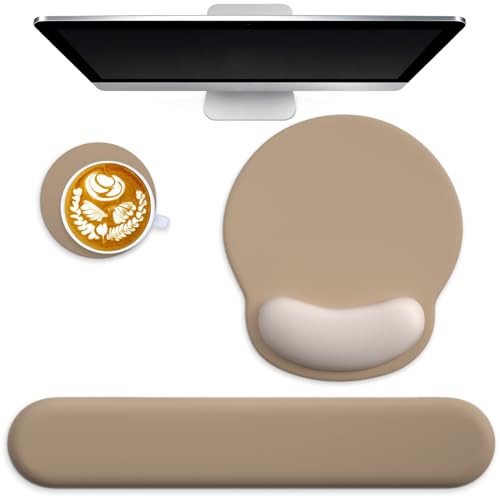 3 in 1 Ergonomic Mouse Pad and Keyboard Wrist Rest with Coaster Set-Brown | Cute Large Mousepad with Gel Wrist Support for Gaming Computer Laptop Women Office Home Desk Decor - color: A3-Light Brown