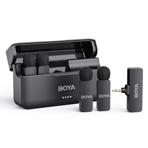 BOYA BY-V4 Wireless Microphones for Cameras DSLR Camcorder with Charging case, 12H Battery Life, 650ft Range, 4-Channel Omnidirectional Noise Canceling Lavalier Mic for Live Streaming Vlog - size: 4TX+3.5mm Jack+1CC