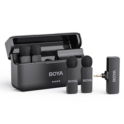 BOYA BY-V4 Wireless Microphones for Cameras DSLR Camcorder with Charging case, 12H Battery Life, 650ft Range, 4-Channel Omnidirectional Noise Canceling Lavalier Mic for Live Streaming Vlog - size: 4TX+3.5mm Jack+1CC
