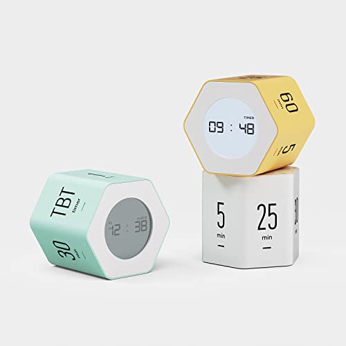 mooas Multi-Hexagon Clock Timer, Cube, Backlight, Countup/Down (White) | 6 Preset Times, Productivity Timer, 12/24H Clock, Battery Operated, Sound/Mute, Easy to Use, Exercise, Study, Cooking, Work - color: White, Mint, Yellow