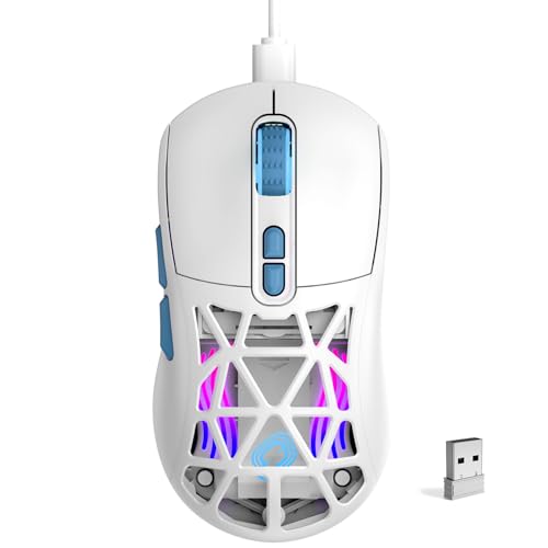 Wireless Gaming Mouse, Rechargeable&Rechange Shell,RGB Programmable Macro Mouse, Lightweight Mouse,10000 DPI,Tri-mode Wired/BT 5.0/2.4GHz Wireless Mouse Gaming with 2 Side Buttons (White Blue) - color: White Blue