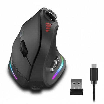 TKMARS Ergonomic Vertical Gaming Mouse with 5-Way Thumb Joystick, Tri-Mode Wireless, 12 Programmable Buttons, Up to 24000 DPI, Rechargeable RGB Mouse for Gaming, Work and Creative Tasks