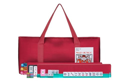 American Mahjong Set - Red Burgundy Soft Bag - 166 White Engraved Tiles, 4 All-in-One Rack/Pushers Western Mah Jongg Game Set