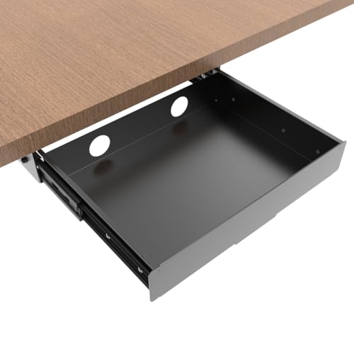 Under Desk Slide out Drawer 13.4" Wide with Cable Management | Steel Pull Out Add-On Storage Organizer for Office & Standing Desks with High Crossbar, 13.4" W x 9.3" D ,Black (Medium)