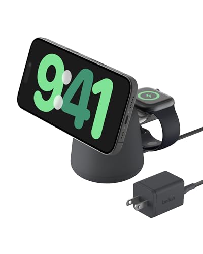 Belkin MagSafe 15W 2 in 1 Wireless Charging Dock, Fast Charger | iPhone 17/16/15/14, AirPods, Pixel 10 compatible, power adapter included, desk charging dock, Magnetic - color: Black, style: Gen 1
