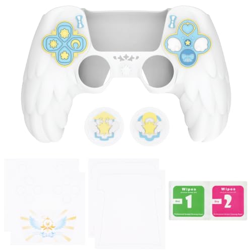PlayVital Magic Wings Protective Silicone Cover Skin for ps5 Controller – Soft Anti-Slip Grip Protector Case for ps5 Controller with Thumbstick Caps & Stickers, Charging Station Compatible - White - color: White