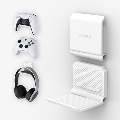 PlayVital FOLD Controller Holder Wall for ps5 ps4 Xbox Switch 2 Pro Headset, 2 Pack Universal Storage Organizer Gaming Controller Stand Headphone Mount - Foldable Anti-slip Adhesive Removable, White - color: White 2 Sets