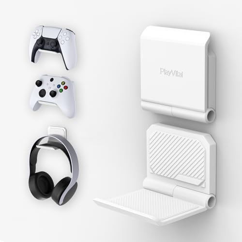 PlayVital FOLD Controller Holder Wall for ps5 ps4 Xbox Switch 2 Pro Headset, 2 Pack Universal Storage Organizer Gaming Controller Stand Headphone Mount - Foldable Anti-slip Adhesive Removable, White - color: White 2 Sets