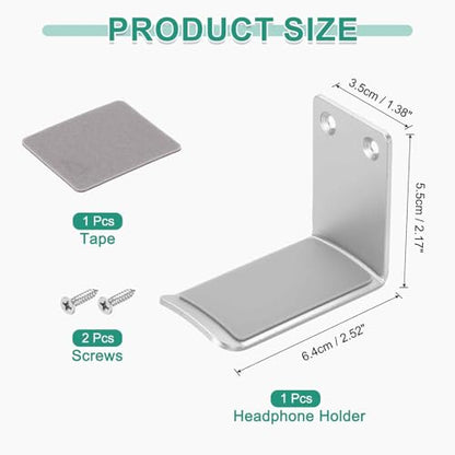 HARFINGTON Headphone Holder Stand Aluminum Headset Hook Headphone Clip Under Desk Hanger with Tape and Screws for Bedrooms Study Libraries Offices, Silver (5.5cm) - color: Silver