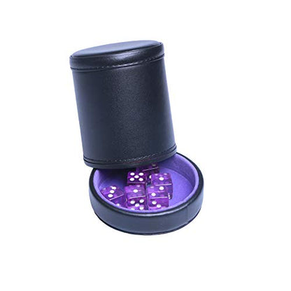 PU Leather Dice Cup Purple Velvet Lined Quiet Shaker with Lid Including 6 Purple Translucent Dice for Liars Dice Farkle Yahtzee Board Games - color: Purple