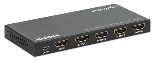 Manhattan HDMI Splitter with Scaler 1 in 4 Out, 8K 60Hz 4K 120Hz, EDID Control, HDR, HDCP 2.3, 48 Gbps, Metal Housing - 208475 - size: 1 In x 4 Out