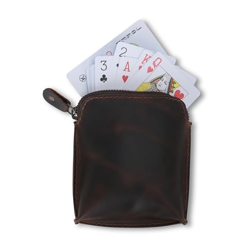 Premium Full Grain Leather Playing Card Case, Zippered Playing Card Holder for Poker Bridge Cards, Durable Leather Card Deck Storage Organizer Travel Card Carrying Pouch Multi Purpose Wallet - color: Brown