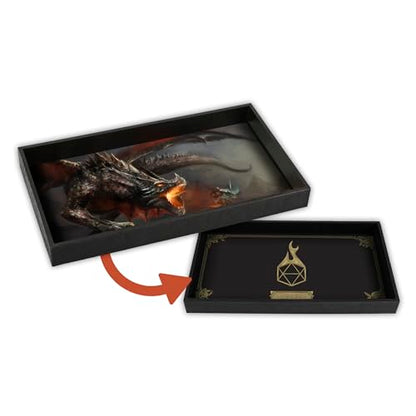 Forged Dice Co. Dice Tray 14" - Reversible Dice Rolling Mat - Compatible with Board Games and Tabletop RPGs Like Dungeons and Dragons Pathfinder Roleplaying Games - Dragon Battle - color: Black Tray W/ Dragon Battle Mat