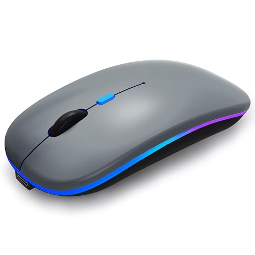 WREANU Wireless Bluetooth Mouse Rechargeable Laptop Mice with LED Lights Silent Slim Use(BT5.2 and 2.4G Portable USB) Dual Mode Computer Mouse for Laptop/iPad/Tablet/Apple/Computer/Mac (Grey) - color: Grey