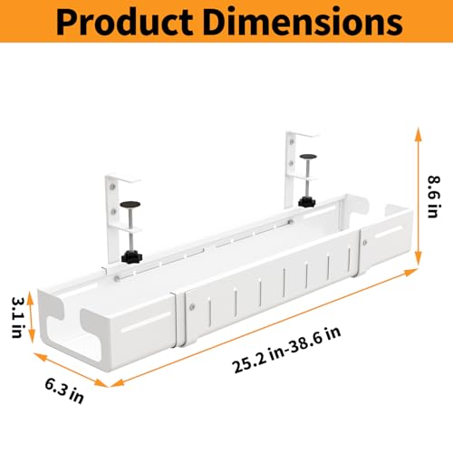 Under Desk Cable Management Tray, Expandable Length 25.2"-38.6",No Drill No Damage to Desk,Cable Tray with Clamp for with Wire Management,for Cord Organizer for Home Office Standing Desk, White