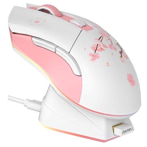 DAREU Sakura Pink Wireless Gaming Mouse with Charging Dock Rechargeable RGB,12K DPI,6 Programmable Buttons High-Precision Sensor [300IPS] [1000Hz] for PC Notebook Mac - color: Sakura Pink & Charging Dock