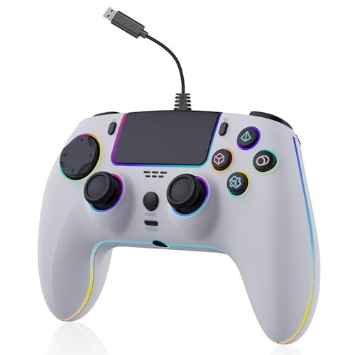 RGB Wired Game Controller for PlayStation 5 Replacement Gamepad with Hall Effect Trigger for PS-5 & Windows PC Double Vibration Motion Sensing Joystick Remote Joypad with Turbo,Macro Mapping (White) - color: White