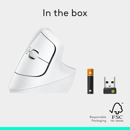 Logitech Lift Vertical Ergonomic Wireless Mouse - Off White | Connect via Bluetooth or included Logi Bolt USB-A receiver, quiet clicks, 4 of 6 buttons customizable, Windows Mac compatible - color: Off White, style: Right-Handed