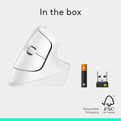 Logitech Lift Vertical Ergonomic Wireless Mouse - Off White | Connect via Bluetooth or included Logi Bolt USB-A receiver, quiet clicks, 4 of 6 buttons customizable, Windows Mac compatible - color: Off White, style: Right-Handed