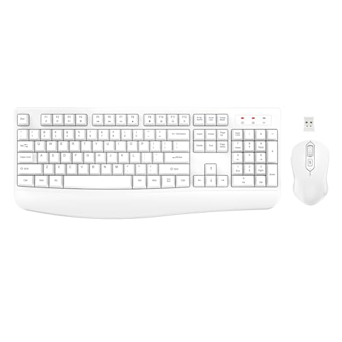Wireless Keyboard and Mouse Combo, EDJO Full-Sized Ergonomic Computer Keyboard with Wrist Rest and 3 Level DPI Adjustable Wireless Mouse for Windows, Mac OS Desktop/Laptop/PC (White) - color: White