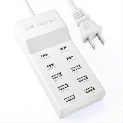 USB Power Strip Charging Station, 10-Port 6A+4C Multi Charger Block | 50W 10A Total Output, Auto-Detect Tech, Compatible with iPhone, Samsung, iPad Multi Device Home Office Travel Use