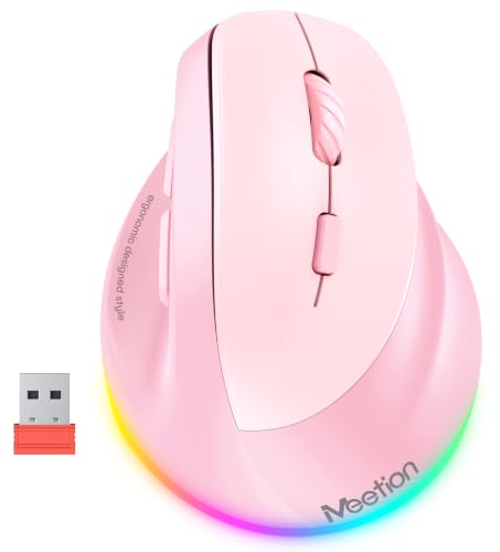 MEETION Ergonomic Wireless Vertical Mouse, Rechargeable, Pink | Bluetooth 5.2 + 3.0 and USB connectivity, RGB backlight, 4 DPI adjustment, compatible with Windows, Mac, Android, PC and iPad - color: Right Pink