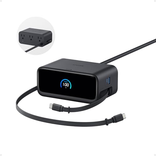 Anker Nano Charging Station, 100W 7-in-1 Power Strip, Retractable Charger | 2.3ft InstaCord Cable, Gaming Desk Accessories for Multiple Devices, 3 AC, 3 USB C, 1 USB A, MacBook Charger, Home Office - color: Black
