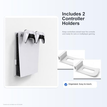 PS5 Wall Mount, White Heavy Duty 2.5mm Steel Console Bracket Compatible with PS5, Space-Saving Holder with 2 Controller Mounts