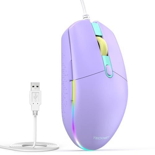 TECKNET Wired Mouse with RGB Backlit, Full Size Mouse with Side Buttons | Up to 8000 DPI, Plug and Play Silent Corded USB Computer Mouse, 7 Adjustable RGB Lighting Modes, Office and Gaming Mice - color: Light Purple